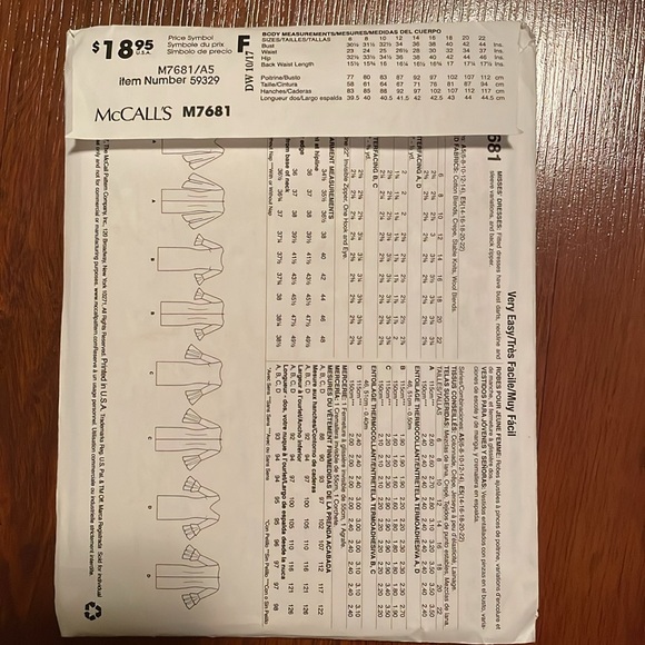 2/$15 McCall’s Sewing Pattern M7681 6-14 - Picture 3 of 3